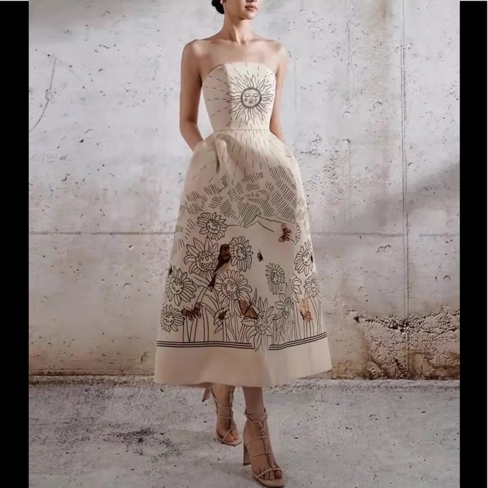 Solairè Runway Sexy Strapless Print Midi Dress, Boho Resortwear Luxury Gown - Picture 6 of 14